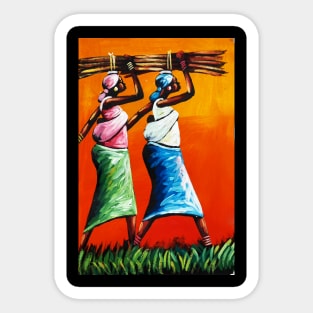 African Women Carrying Wood with Children, Black History Art Sticker